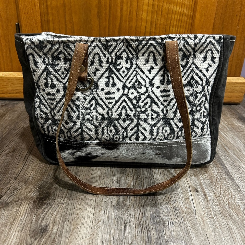 Myra Bag Black and White Patterned Tote with Brown Straps